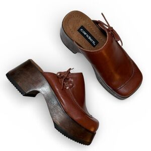 Vintage 90’s Candie's Brown Leather Platform Clogs Wood Heel Boho NWOT Size 6